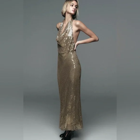 Zara Elegant Gold Sequin Gown halter plunge neck maxi bodycon evening dress - Picture 9 of 10